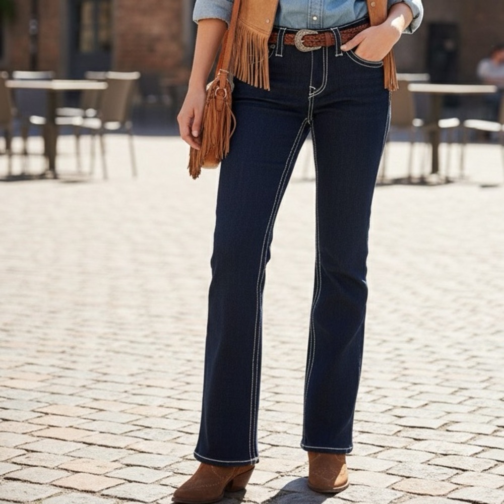 True Religion Navy Flare Jeans with Contrast Stitching